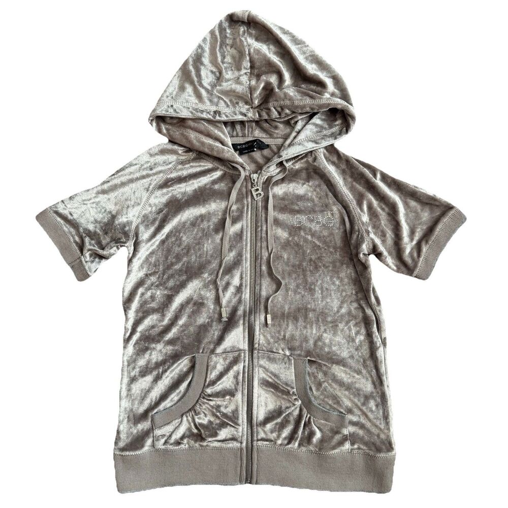 Y2K BCBG Max Azria Velvet Hoodie S Rhinestone Butterfly Zip Short Sleeve